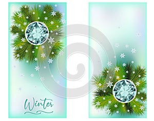 Season winter vertical banners with diamond, snow and pine branches, vector