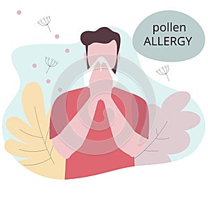 Seasonal allergy. Man sneezing from pollen and flowers allergy