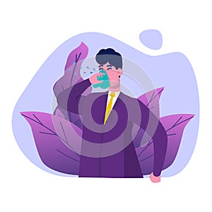 Seasonal allergy vector illustration. Office man with allergy symptoms - health landing page