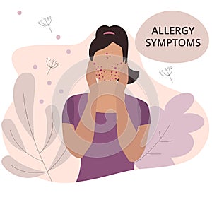 Seasonal allergy. Woman with red skin rash. Woman scratching skin on her face