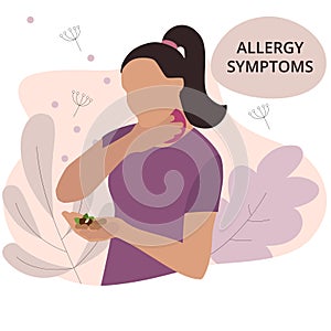 Seasonal allergy. woman with a sore throat. Itchy throat, allergies and nuts