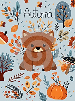 Seasonal autumn banner, with wildlife, colorful mushroom, trees, leafage and cute bear. Banners Ideal for web, harvest