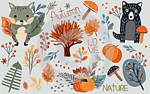 Seasonal autumn banner, with wildlife, veggies, trees, leafage and cute raccoon and funny wolf. Banners Ideal for web