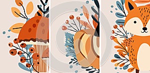 Seasonal autumn, banners with mushroom, pumpkin, colorful leaves, cute fox, berries. Perfect for online use, banners