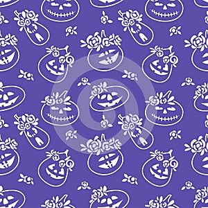 Seasonal autumn doodle seamless pattern hand drawn pumpkin with wreath of flower isolated on blue background.