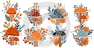 Seasonal autumn with mushroom, colorful leaves, berries. Perfect for online use, banners, cards, and Thanksgiving decor