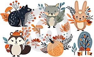 Seasonal autumn set, wildlife, veggies, colorful tree, leafage. Harvest festival Thanksgiving icons, including cute