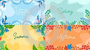 Seasonal backgrounds set in flat style. Winter, spring autumn summer with seasonal elements. Vector backgrounds collection