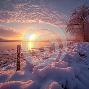 Seasonal beauty Winter landscape captivates during the serene sunset