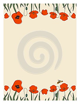 Seasonal botanical hand drawn frame vector background.Summer decorative box or border with poppies, cute bee and place for text.