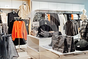 Seasonal Clothing on hanger at the modern shop, mass market. Make Outfit set. Shopping Mall. Shopper. Sales. Shopping