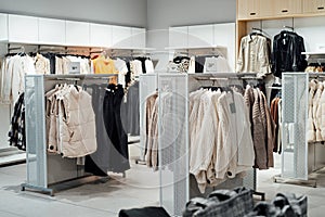 Seasonal Clothing on hanger at the modern shop, mass market. Make Outfit set. Shopping Mall. Shopper. Sales. Shopping