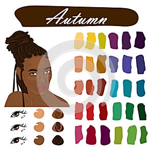 Seasonal color analysis palette for autumn type of female appearance. Face of young african american wom