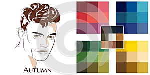 Seasonal color analysis palette for autumn type of male appearance. Face of young man.