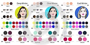 Seasonal color analysis palette for clear, cool and deep winter. Best colors for winter type of female appearance. Fa