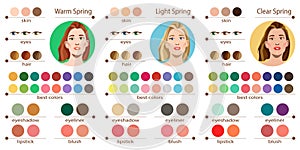 Seasonal color analysis palette for light, warm and clear spring. Best colors for spring type of female appearance. F