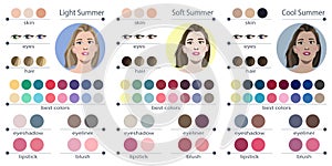 Seasonal color analysis palette for soft, light and cool summer. Best colors for summer type of female appearance. Fa