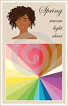 Seasonal color analysis palette for spring type of female appearance. Face of young african american wom