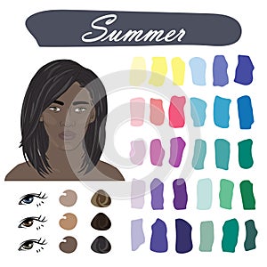 Seasonal color analysis palette for summer type of female appearance. Face of young african american wom