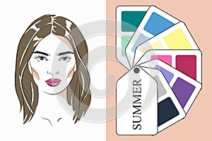 Seasonal color analysis palette for summer type of female appearance. Face of young woman