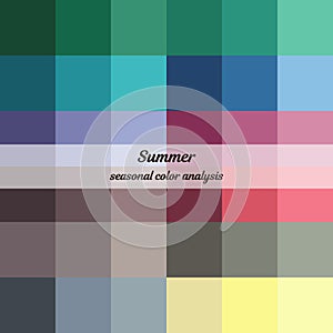Seasonal color analysis palette for summer type. Type of female appearance