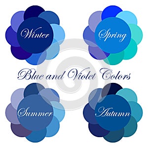 Seasonal color analysis palettes with blue and violet colors for Winter, Spring, Summer, Autumn