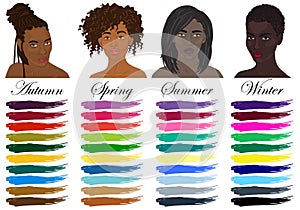 Seasonal color analysis. Set of vector black women with different types of female appearance