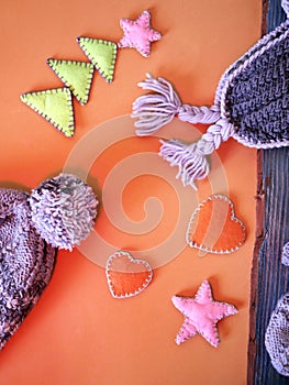 Seasonal composition of knitted wool products and felt handmade decor