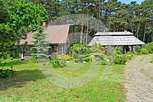 The seasonal dacha with wooden buildings in summer sunny day