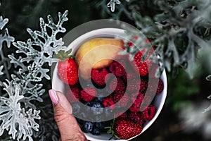 seasonal fruits, berries and flowers on a green background