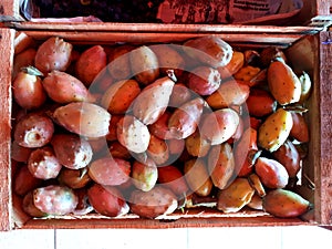 seasonal fruits, red tunas on display