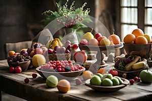 Seasonal fruits and vegetables arranged on rustic wooden table