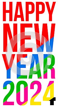 Seasonal greeting card, colorful text happy new year 2024 isolated white background