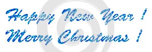 Seasonal greeting New Year and Merry Christmas, blue letters on a white background, the basis for postcards