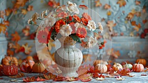 seasonal home decor, vibrant fall foliage surrounds a vase of autumn blooms, setting a seasonal tone photo