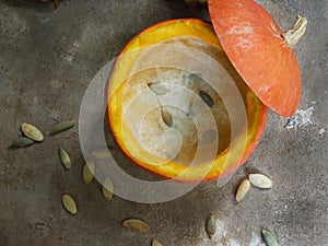 Seasonal homemade pumpkin soup in a pumpkin photo