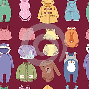 Seasonal infant clothes for kids babyish fashion infantile puerile cloth shop illustration seamless pattern background photo