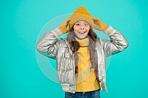 Seasonal kid fashion. cozy and comfortable. childhood happiness. teen girl ready for winter. Lets celebrate. padded