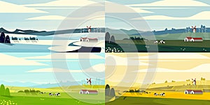 Seasonal landscape. Summer spring fall winter park with trees, flowers and grass, cartoon background with sun and sky. Vector
