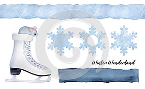 Seasonal `Let it Snow` collection with little gray mouse in ice skate, snowflakes, seamless border, dark blue shape to place messa