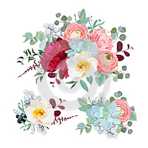 Seasonal mixed bouquets of peony, ranunculus, succulents, wild rose, carnation, brunia, blackberries and eucaliptus leaves vector