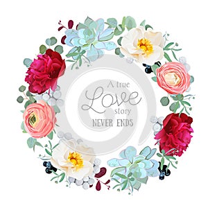 Seasonal mixed round frame with peony, ranunculus, succulents, wild rose, brunia, blackberries and eucalyptus leaves