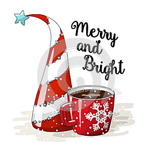 Seasonal motive, abstract christmas tree. red cup of coffee and text Merry and Bright, vector illustration