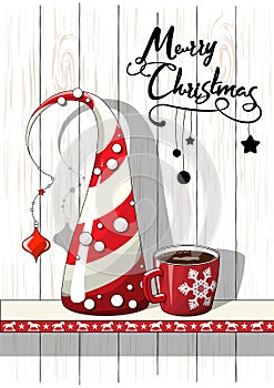 Seasonal motive, abstract christmas tree. red cup of coffee and text Merry Christmas, vector illustration