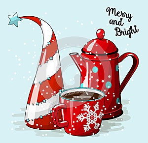 Seasonal motive, abstract christmas tree. red cup of coffee and vintage tea pot, with text Merry and Bright, vector