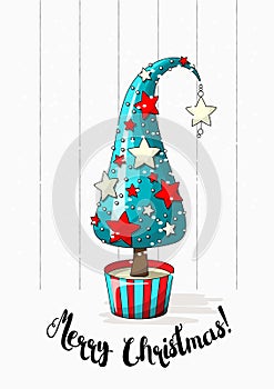 Seasonal motive, abstract christmas tree with stars, pearls and text Merry Christmas, vector illustration