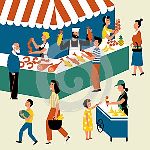 Seasonal outdoor market, street food festival. Buyers and sellers on marketplace. Cartoon vector flat illustration