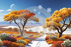 Seasonal Panorama: Quadrants of Nature\'s Change - Snowflakes Descending on a White Winter Wonderland in the First Segment