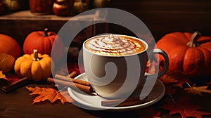 Seasonal pumpkin spice caramel latte with a whipped cream in a glass mug, cinnamon stick window sunlight. Generative AI