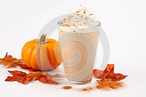 Seasonal pumpkin spice latte in mug on white background